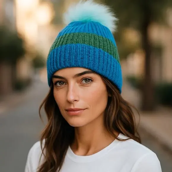 Hat Attack Happy Stripes Beanie Hat Blue Green Knit Faux Fur Pom-Pom OS Winter - Picture 9 of 9